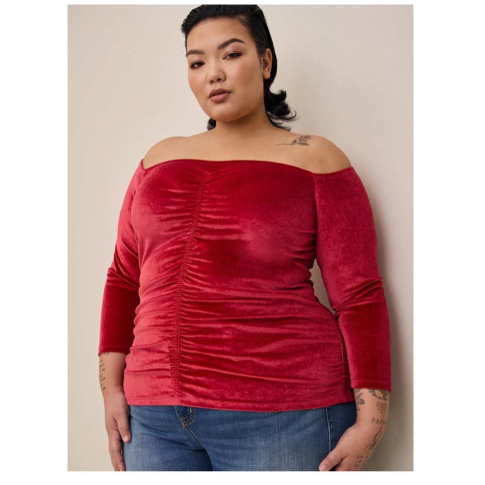 Torrid Red Velvet Shirred Front Off Shoulder Stretch Top Blouse Plus Size 3X